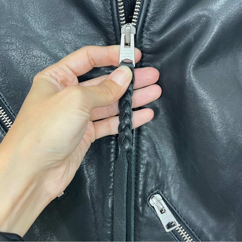 SOLD // All Saints Sherwood Leather Biker Jacket w/ Faux Fur Trim Size Small - Picture 9 of 14